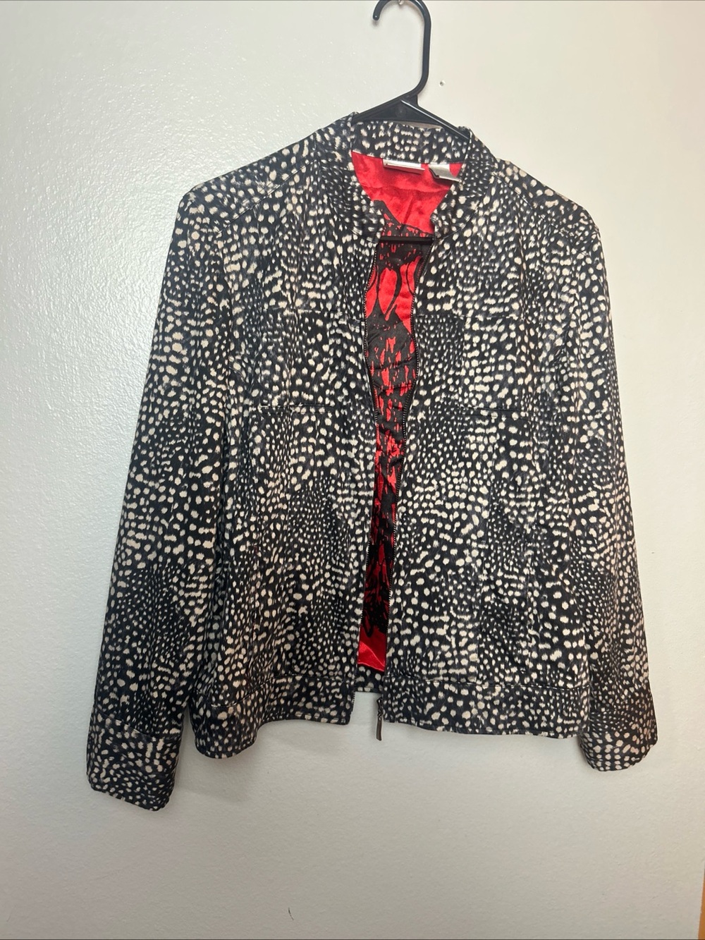 Chico's Sneaking Animal Wise Jacket Graphic Owl Black Red Satin Lined *sz 1 (s)*